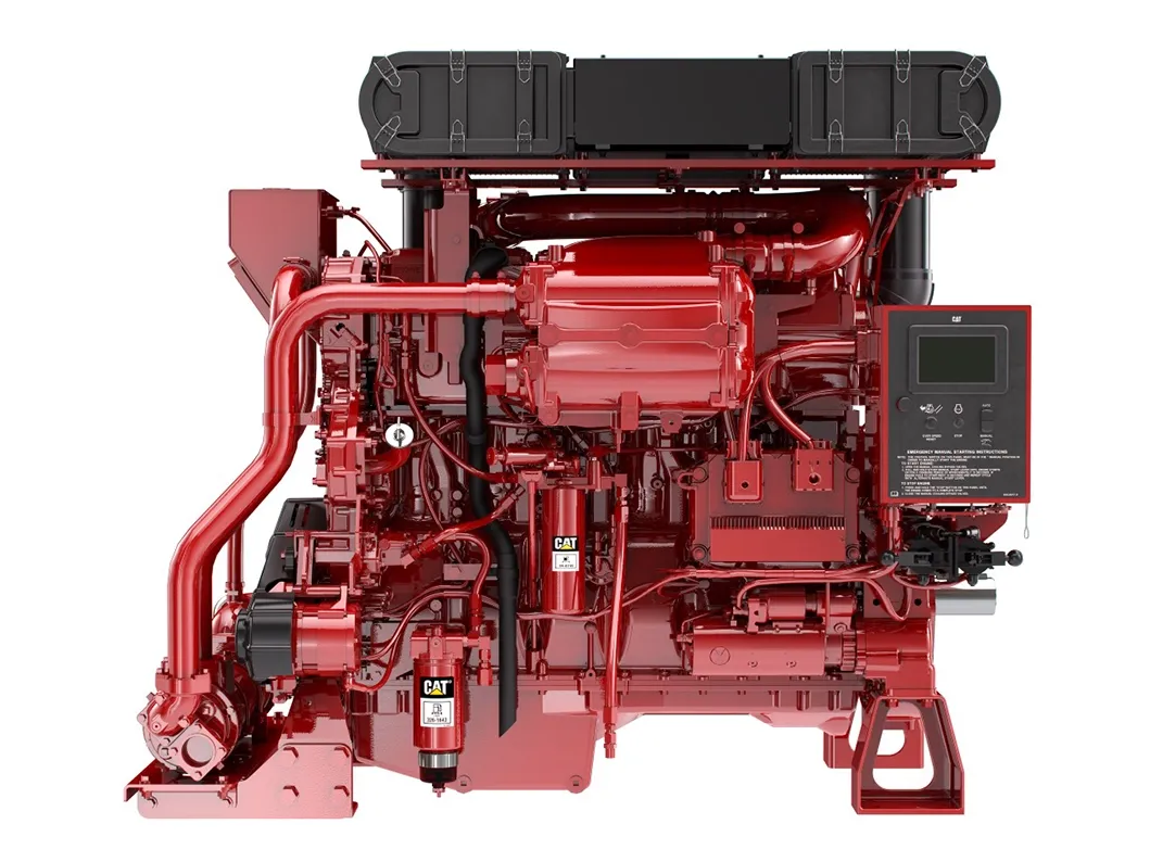 Cat C18 fire pump engine, side view with engine control unit and centrifugal pump Cat C18 fire pump engine, side view with engine control unit and centrifugal pump